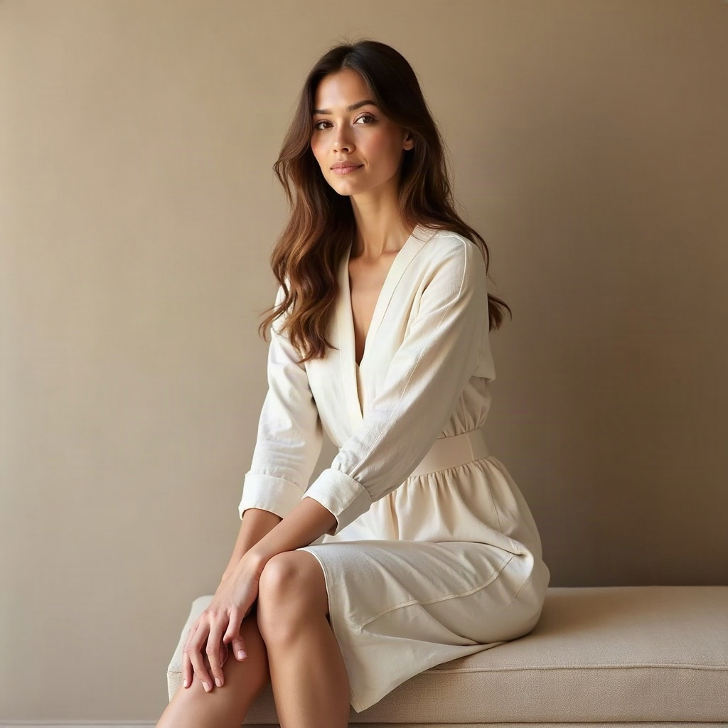 A woman sitting confidently after laser vein treatment at Crave Med Spa