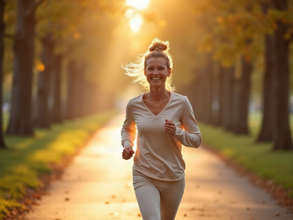 A woman walking briskly outdoors in morning light, representing an energy boost