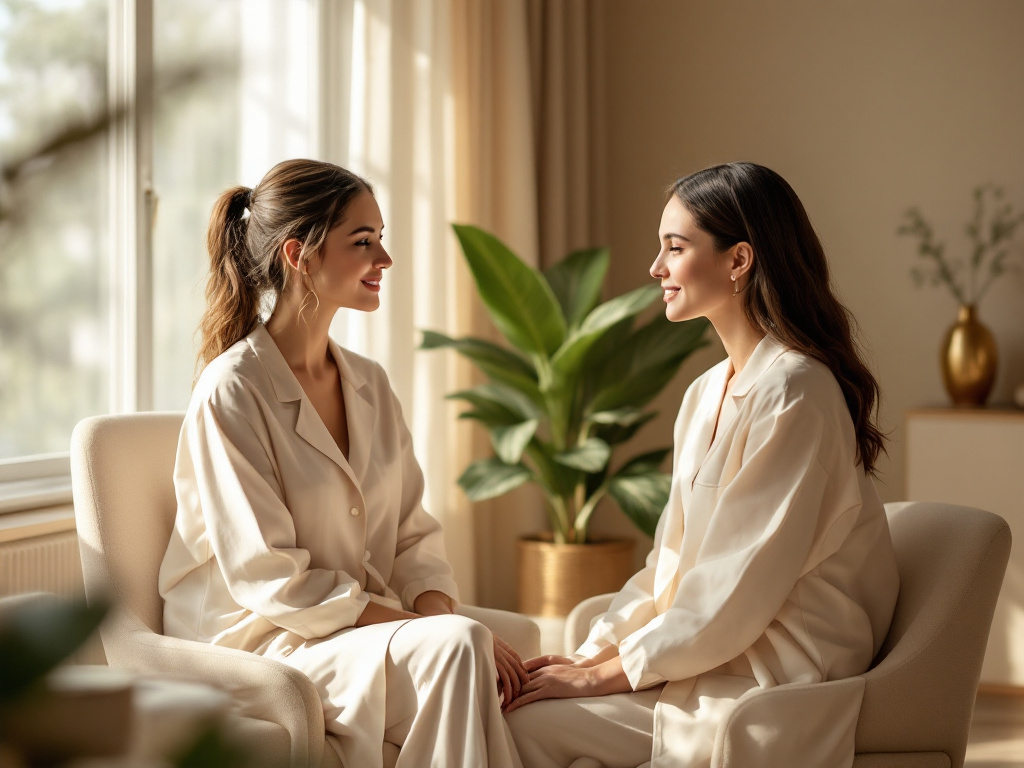 A Crave Aesthetics aesthetician consulting with a client in the treatment room