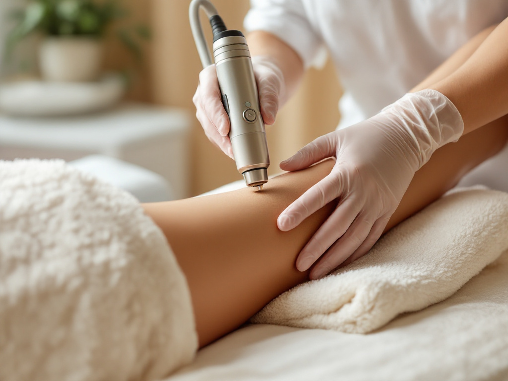 A laser vein treatment being performed on the lower leg at Crave Med Spa in Humble, TX