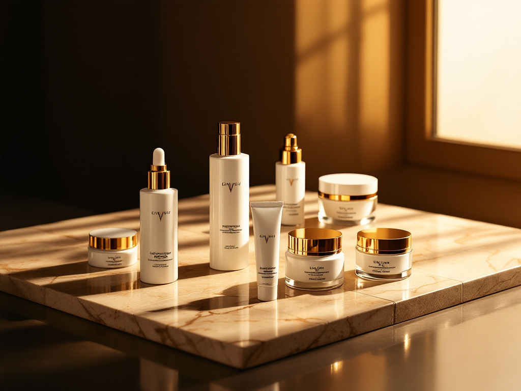 The Crave Aesthetics skin care line arranged on a warm stone surface