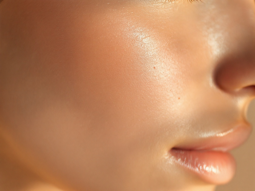 A close detail of skin across the cheek and nose in soft light