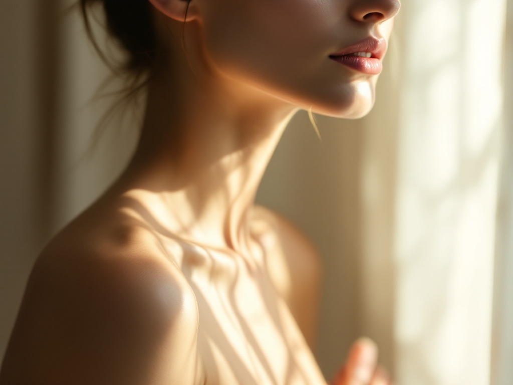 Daylight falling across a woman's shoulder and jawline