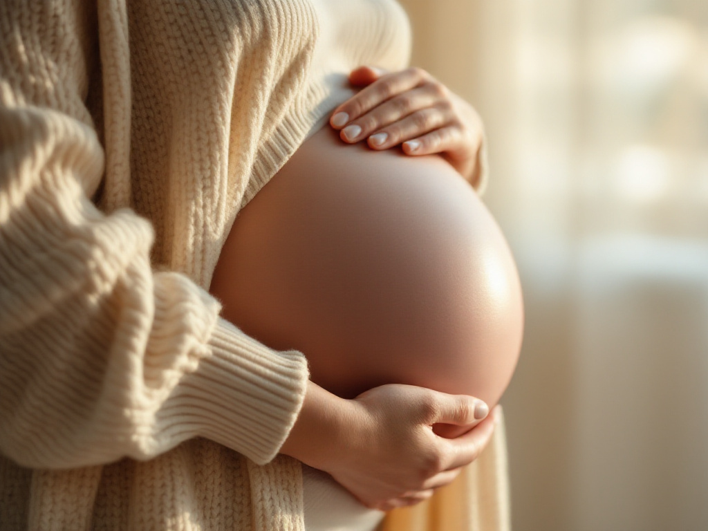 A pregnant woman resting a hand on her bump in soft window light