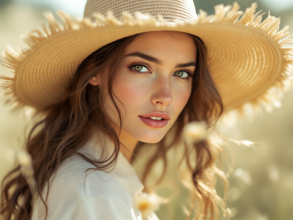 A woman in a wide-brimmed straw hat shielding her face from bright daylight
