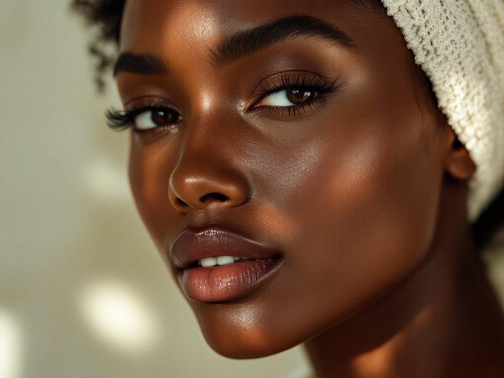 A portrait of a woman with deep brown skin in soft warm light