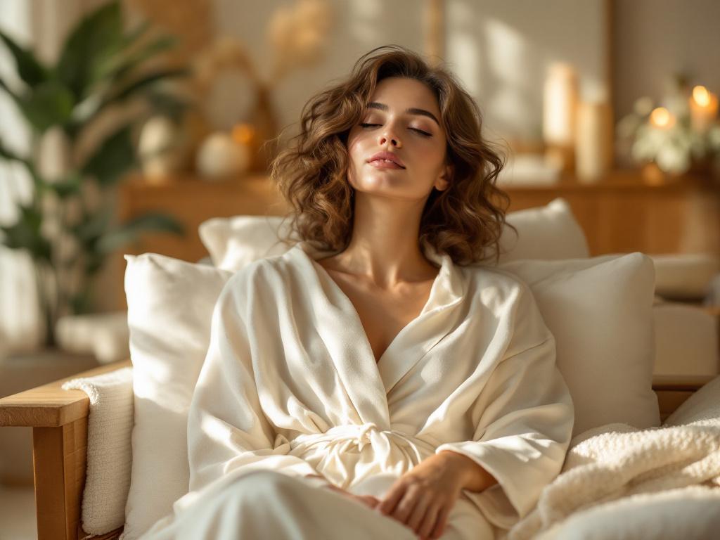 A woman relaxing in the spa lounge at Crave Med Spa in Humble, TX